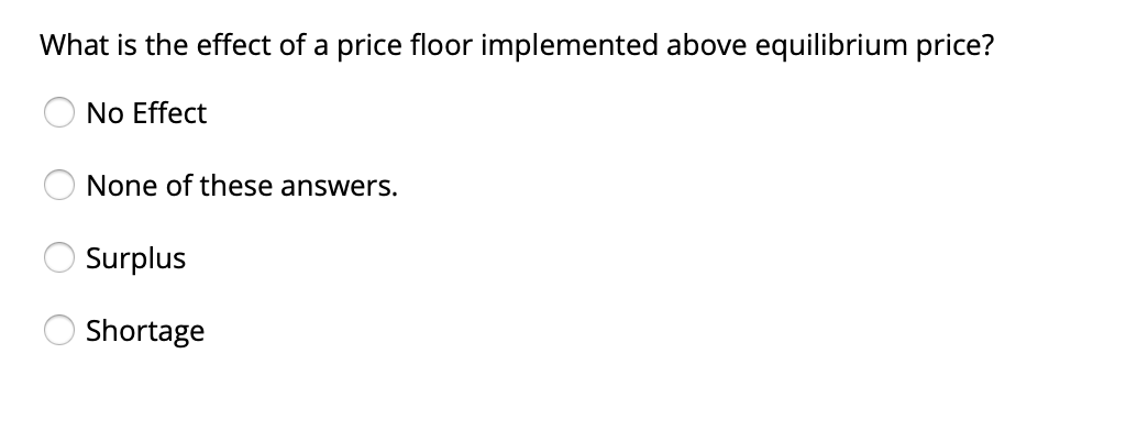 What is the effect of a price floor implemented above equilibrium price?
No Effect
None of these answers.
Surplus
Shortage
O O O
