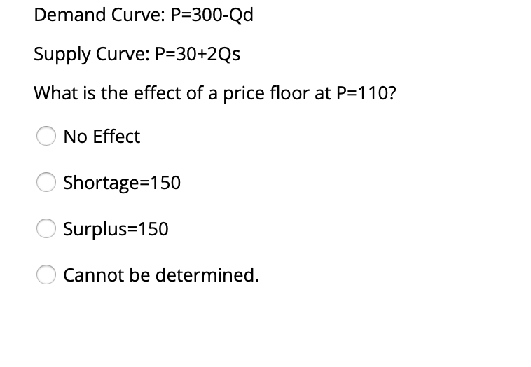 Demand Curve: P=300-Qd
Supply Curve: P=30+2Qs
What is the effect of a price floor at P=110?
No Effect
Shortage=150
Surplus=150
Cannot be determined.
