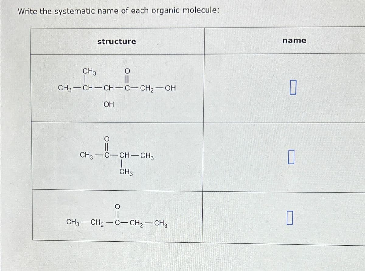 Write the systematic name of each organic molecule:
structure
CH3
0
CH3-CH-CH-C-CH2-OH
OH
name
O
010
CH3-C-CH-CH3
CH3
I
CH3-CH2-C-CH2-CH3
☐