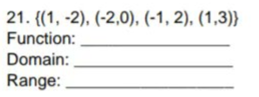 21. {(1, -2), (-2,0), (-1, 2), (1,3)}
Function:
Domain:
Range:
