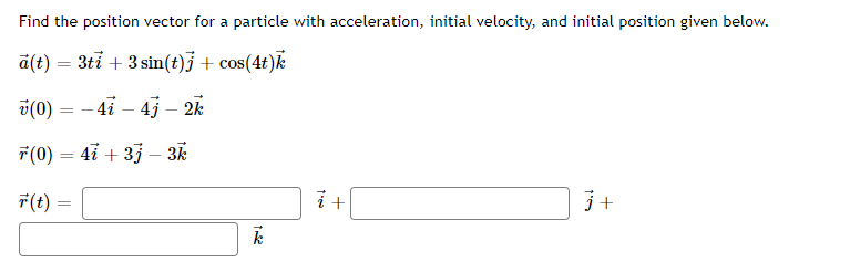 Find the position vector for a particle with acceleration, initial velocity, and initial position given below.
ä(t) = 3tỉ + 3 sin(t)j + cos(4t)k
v(0)
— 4i - 4j — 2к
F(0) = 47 + 33 – 3k
F(t):
j+
k
+

