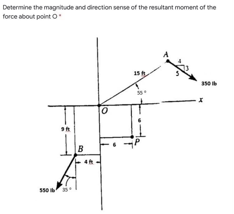 Determine the magnitude and direction sense of the resultant moment of the
force about point O*
A
13
15 ft
350 Ib
55°
6
9 ft
6
B
4 ft
550 Ib 35°
