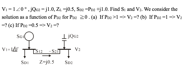 V₁ = 120°, jQG2 =j1.0, ZL =j0.5, SD2 =PD2 +j1.0. Find S₁ and V₂. We consider the
solution as a function of PD2 for PD2 ≥0. (a) If PD2 >1=> V₂=? (b) If PD2=1 => V₂
=? (c) If PD2=0.5 => V₂ =?
SGI
LjQG2
Vi=1/0
TS12 -S21
SDI Z=j0.5 SD2
V2