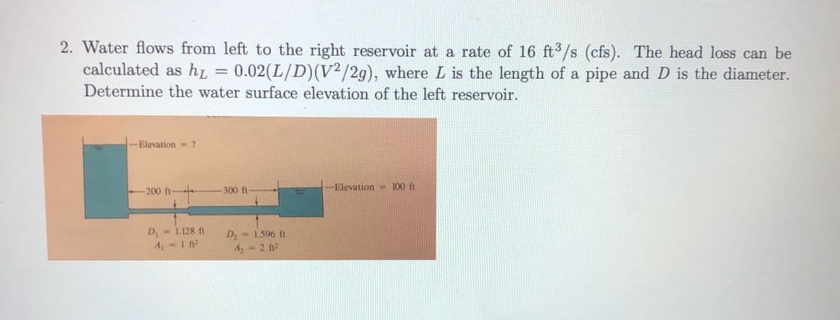 2. Water flows from left to the right reservoir at a rate of 16 ft3/s (cfs). The head loss can be
calculated as hL
0.02(L/D)(V²/2g), where L is the length of a pipe and D is the diameter.
Determine the water surface elevation of the left reservoir.
-Elevation ?
-200 ft-
300 ft
Elevation 100 t
D= 1.128 ft
A 1 ft2
D 1.596 ft
A, 2 fi2
