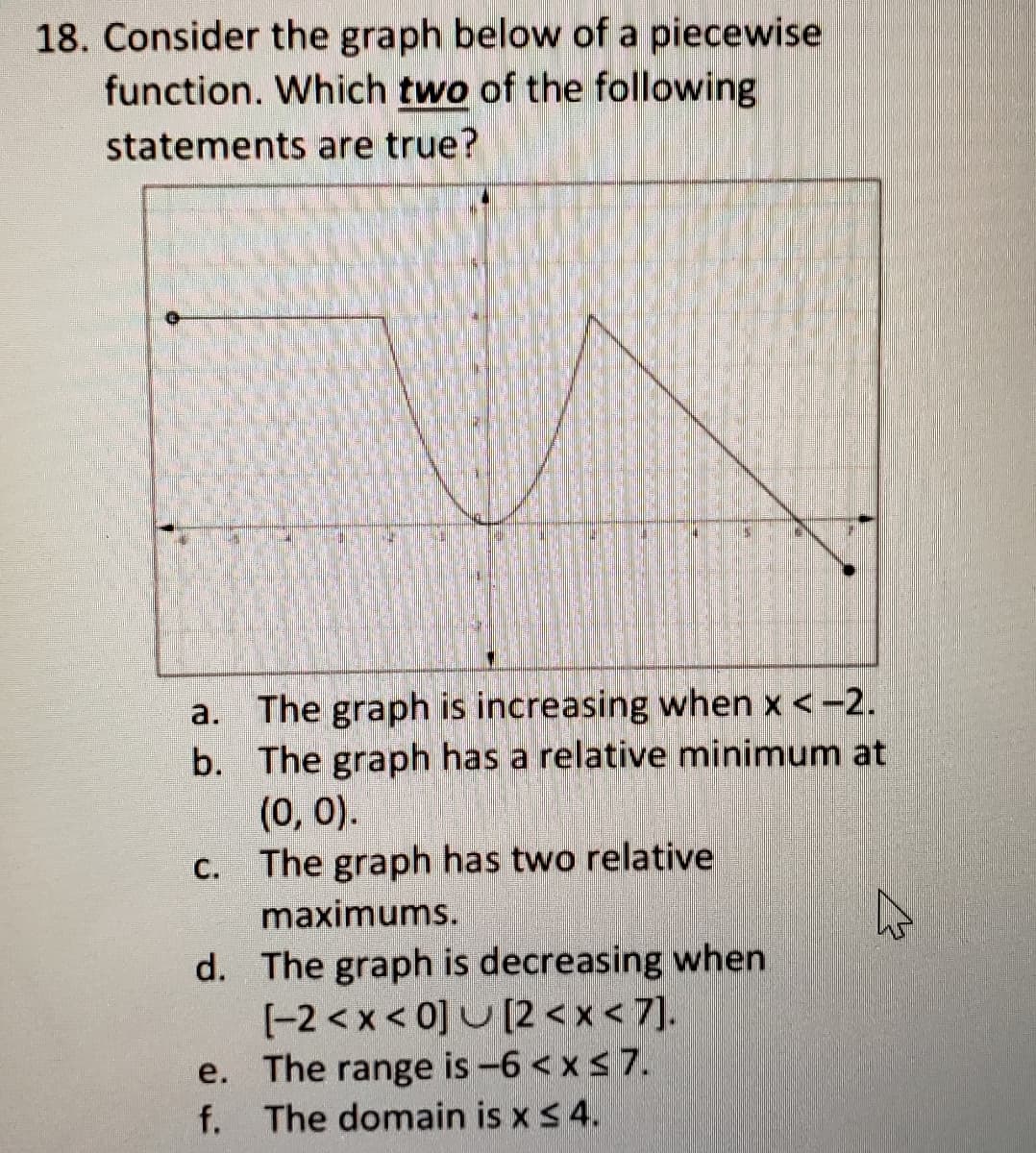 18. Consider the graph below of a piecewise
function. Which two of the following
statements are true?
a. The graph is increasing when x <-2.
b. The graph has a relative minimum at
(0, 0).
c. The graph has two relative
maximums.
d. The graph is decreasing when
[-2 < x < 0] U [2 <x < 7].
e. The range is -6 < xs 7.
f. The domain is x s 4.
