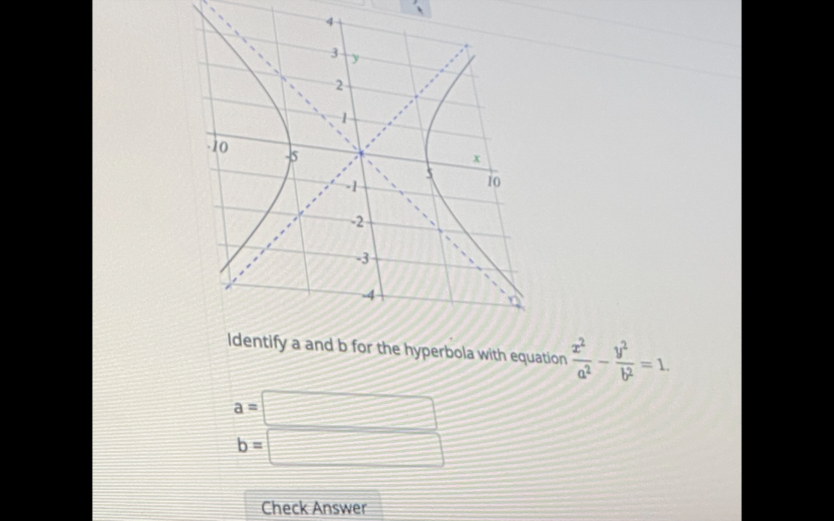 10
10
-2
-3-
Identify a and b for the hyperbola with equation
1.
a D
b3=
Check Answer
to

