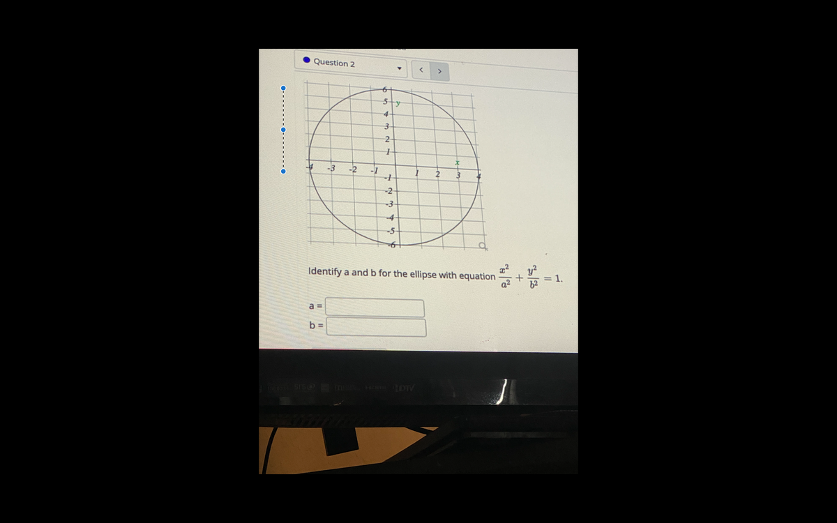 Question 2
6+
4-
3.
2
-3
-2
3
-2
-3
-4
-5
Identify a and b for the ellipse with equation
y2
a 3D
b =
1.
