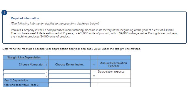 Requlred Information
[The following information applies to the questions displayed below.)
Ramirez Company installs a computerized manufocturing machine in its fectory at the beginning of the year at a cost of $49,100.
The machine's useful life is estimated at 10 years, or 401,000 units of product, with a $9,000 salvage value. During its second year,
the machine produces 34,100 units of product.
Determine the machine's second-year deprecistion and year end book value under the straight-line method.
Straight-Line Depreciation
Annual Depreciation
Expense
Choose Numerator: /
Choose Denominator:
Depreciation expense
%3D
Year 2 Depreciation
Year end book value (Year 2)
