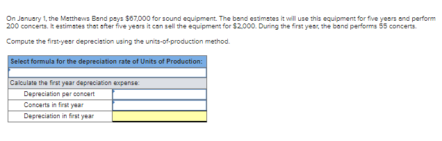 On January 1, the Matthews Band pays $67,000 for sound equipment. The band estimates it will use this equipment for five years and perform
200 concerts. It estimates that ofter five years it con sell the equipment for $2,000. During the first year, the band performs 55 concerts.
Compute the first-year depreciation using the units-of-production method.
Select formula for the depreciation rate of Units of Production:
Calculate the first year depreciation expense:
Depreciation per concert
Concerts in first year
Depreciation in first year
