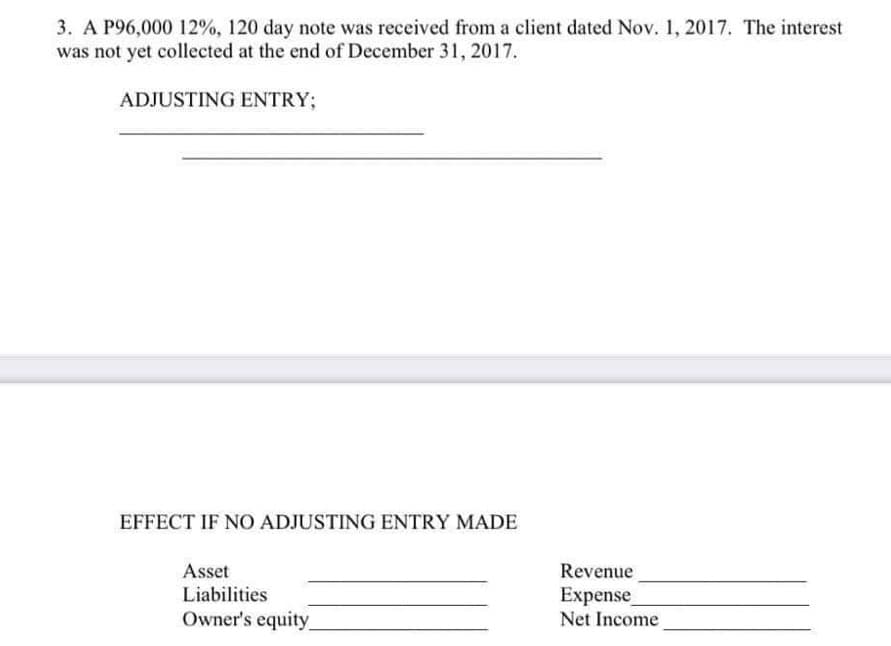 3. A P96,000 12%, 120 day note was received from a client dated Nov. 1, 2017. The interest
was not yet collected at the end of December 31, 2017.
ADJUSTING ENTRY;
EFFECT IF NO ADJUSTING ENTRY MADE
Asset
Revenue
Liabilities
Expense
Net Income
Owner's equity
