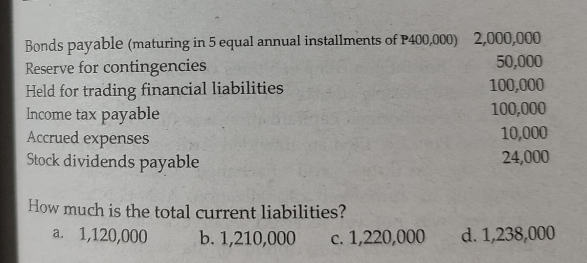 Bonds payable (maturing in 5 equal annual installments of P400,000) 2,000,000
Reserve for contingencies
Held for trading financial liabilities
Income tax payable
Accrued expenses
Stock dividends payable
50,000
100,000
100,000
10,000
24,000
How much is the total current liabilities?
a. 1,120,000
b. 1,210,000
c. 1,220,000
d. 1,238,000

