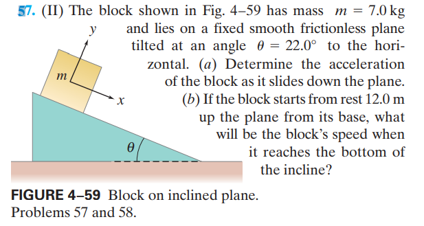 57. (II) The block shown in Fig. 4–59 has mass m = 7.0 kg
and lies on a fixed smooth frictionless plane
tilted at an angle 0 = 22.0° to the hori-
zontal. (a) Determine the acceleration
of the block as it slides down the plane.
(b) If the block starts from rest 12.0 m
up the plane from its base, what
will be the block's speed when
y
it reaches the bottom of
the incline?
FIGURE 4–59 Block on inclined plane.
Problems 57 and 58.
