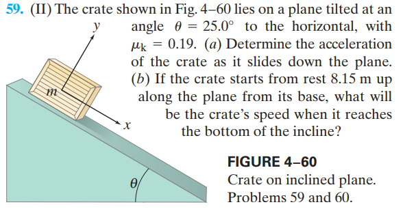 59. (II) The crate shown in Fig. 4–60 lies on a plane tilted at an
angle 0 = 25.0° to the horizontal, with
uk = 0.19. (a) Determine the acceleration
of the crate as it slides down the plane.
(b) If the crate starts from rest 8.15 m up
along the plane from its base, what will
be the crate's speed when it reaches
the bottom of the incline?
%3D
FIGURE 4–60
Crate on inclined plane.
Problems 59 and 60.
