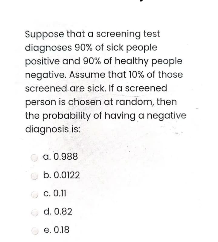 Suppose that a screening test
diagnoses 90% of sick people
positive and 90% of healthy people
negative. Assume that 10% of those
screened are sick. If a screened
person is chosen at random, then
the probability of having a negative
diagnosis is:
a. 0.988
b. 0.0122
C. 0.11
d. 0.82
е. О.18
