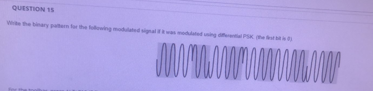 QUESTION 15
Write the binary pattern for the following modulated signal if it was modulated using differential PSK. (the first bit is 0).
