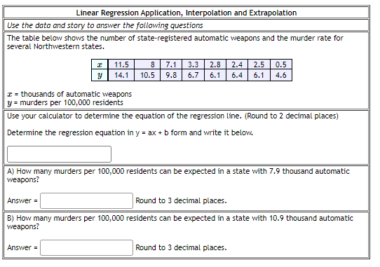 Linear Regression Application, Interpolation and Extrapolation
Use the data and story to answer the following questions
The table below shows the number of state-registered automatic weapons and the murder rate for
several Northwestern states.
11.5
8
7.1
3.3
2.8
2.4
2.5
0.5
14.1
10.5
9.8
6.7
6.1
6.4
6.1
4.6
z = thousands of automatic weapons
y = murders per 100,000 residents
Use your calculator to determine the equation of the regression line. (Round to 2 decimal places)
Determine the regression equation in y = ax + b form and write it below.
A) How many murders per 100,000 residents can be expected in a state with 7.9 thousand automatic
weapons?
Answer =
Round to 3 decimal places.
B) How many murders per 100,000 residents can be expected in a state with 10.9 thousand automatic
weapons?
Answer =
Round to 3 decimal places.
