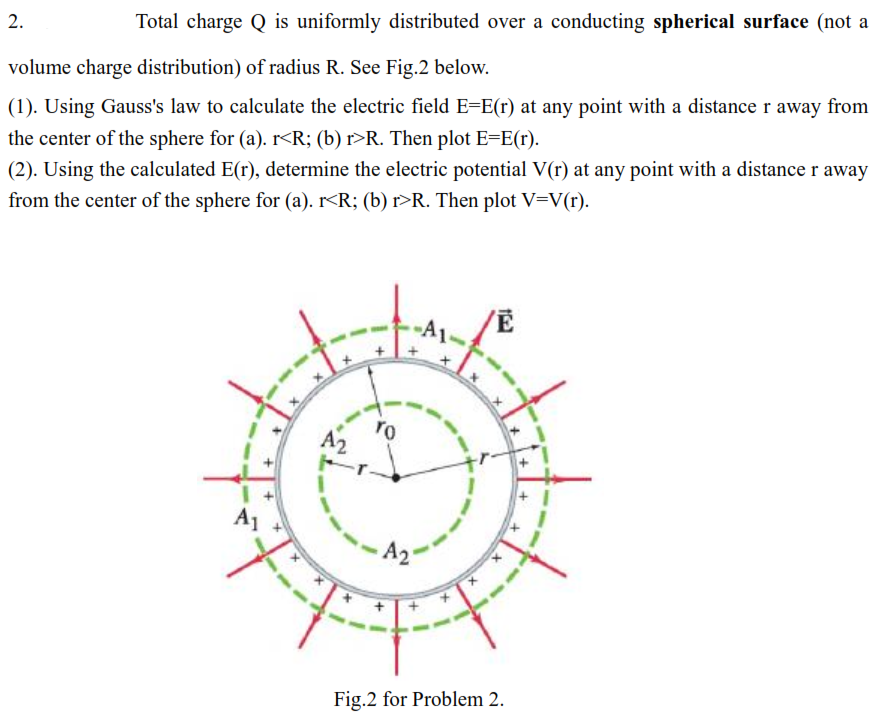 2.
Total charge Q is uniformly distributed over a conducting spherical surface (not a
volume charge distribution) of radius R. See Fig.2 below.
(1). Using Gauss's law to calculate the electric field E=E(r) at any point with a distance r away from
the center of the sphere for (a). r<R; (b) r>R. Then plot E=E(r).
(2). Using the calculated E(r), determine the electric potential V(r) at any point with a distance r away
from the center of the sphere for (a). r<R; (b) r>R. Then plot V=V(r).
A1
ro
Fig.2 for Problem 2.
+t
