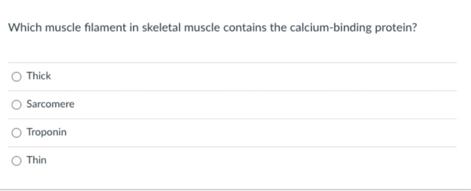 Which muscle filament in skeletal muscle contains the calcium-binding protein?
Thick
Sarcomere
Troponin
Thin
