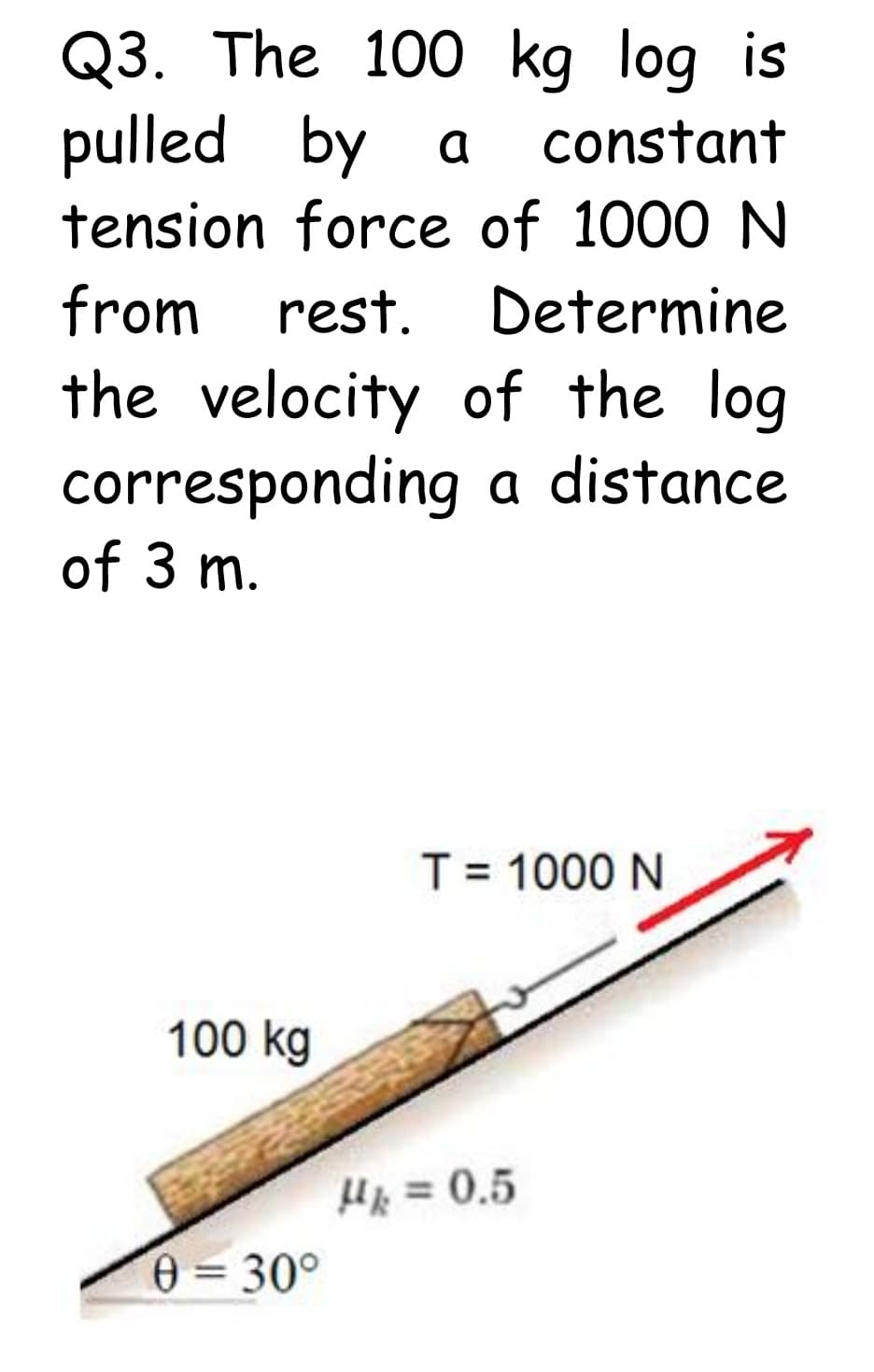 Q3. The 100 kg log is
pulled by a
tension force of 1000 N
constant
from rest.
Determine
the velocity of the log
corresponding a distance
of 3 m.
T = 1000 N
100 kg
H = 0.5
0= 30°
