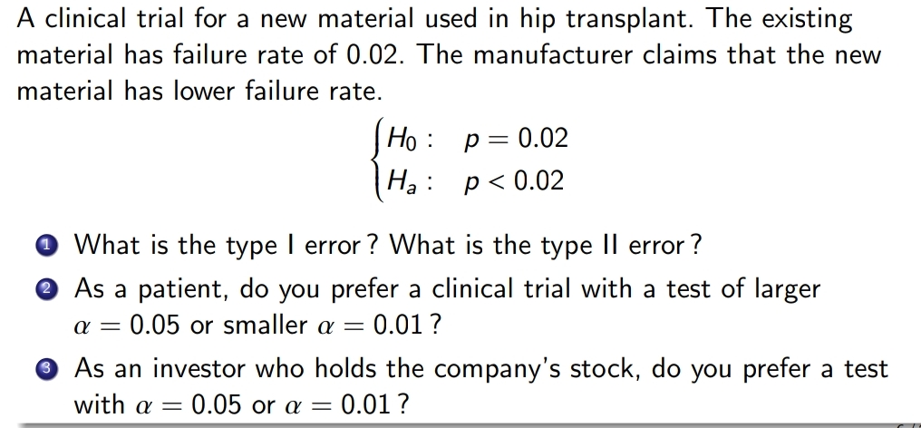A clinical trial for a new material used in hip transplant. The existing
material has failure rate of 0.02. The manufacturer claims that the new
material has lower failure rate.
Ho :
Ha
P = 0.02
p < 0.02
What is the type I error? What is the type II error?
● As a patient, do you prefer a clinical trial with a test of larger
α = = 0.05 or smaller a = 0.01 ?
● As an investor who holds the company's stock, do you prefer a test
with a = 0.05 or a = 0.01 ?