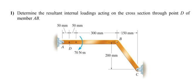 1) Determine the resultant internal loadings acting on the cross section through point D of
member AB.
50 mm 50 mm
1+4.
70 N-m
-300 mm
200 mm
-150 mm-
B
