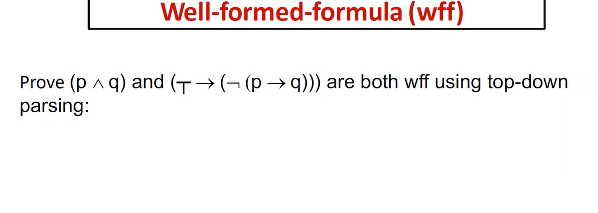 Well-formed-formula (wff)
Prove (p a q) and (T→ (¬ (p → q))) are both wff using top-down
parsing:
