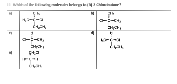 11-Which of the following molecules belongs to (R)-2-Chlorobutane?
b)
CI-C-CH3
a)
CH3
H3C-C-CI
CH3
ČH2CH3
ČH,CH3
c)
d)
CI-¢-CH3
ČH2CH3
H3C-C-CI
ČH2CH3
CH2CI
H-C-H
ČH2CH3
