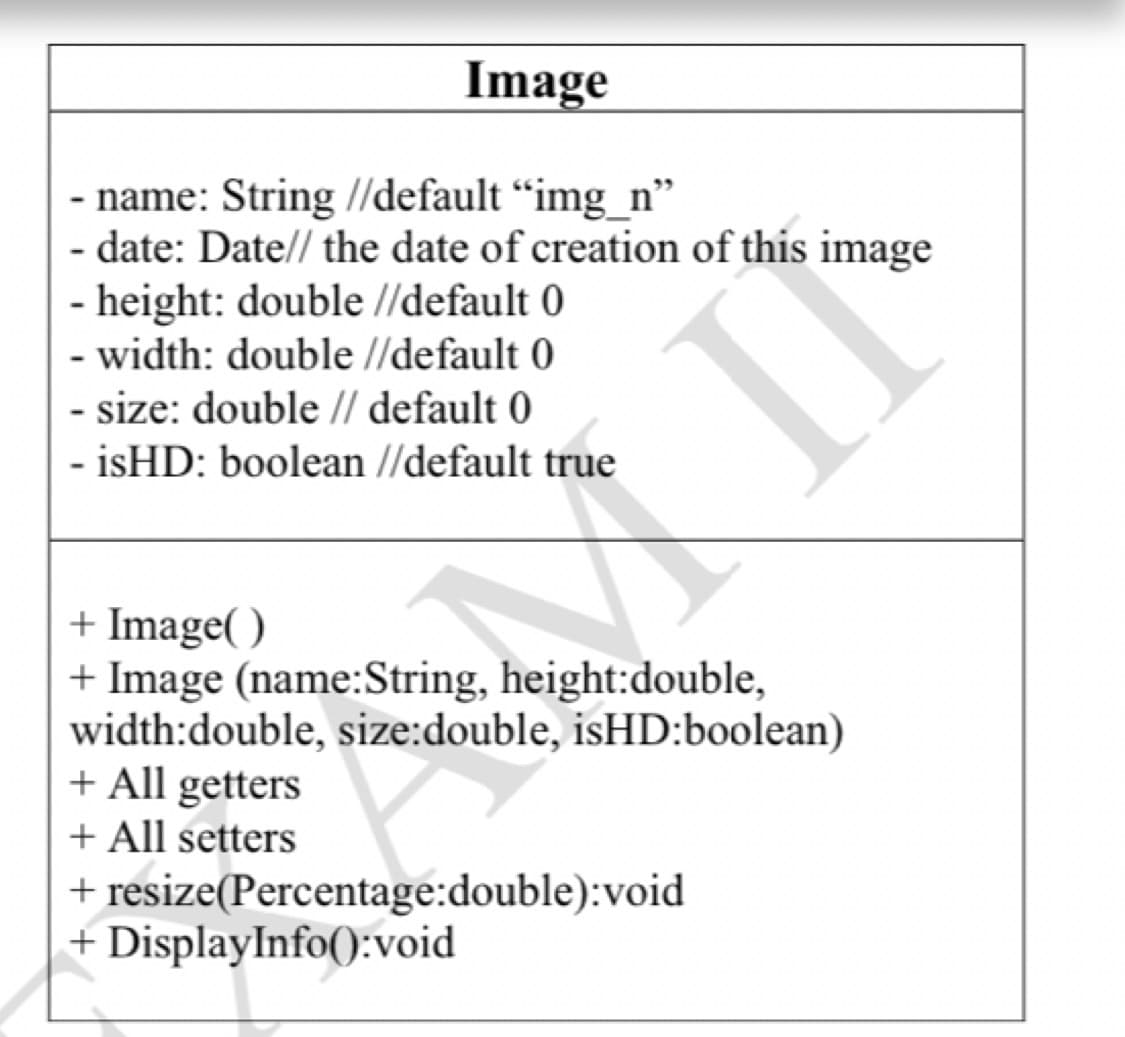 Image
- name: String //default "img_n"
- date: Date// the date of creation of this image
height: double //default 0
- width: double //default 0
- size: double // default 0
isHD: boolean //default true
+ Image( )
+ Image (name:String, height:double,
width:double, size:double, isHD:boolean)
+ All getters
+ All setters
+ resize(Percentage:double):void
+ DisplayInfo():void
