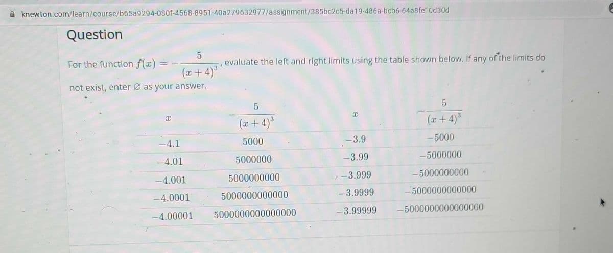 knewton.com/learn/course/b65a9294-080f-4568-8951-40a279632977/assignment/385bc2c5-da19-486a-bcb6-64a8fe10d30d
Question
For the function f(x) =
evaluate the left and right limits using the table shown below. If any of the limits do
(x + 4)3
not exist, enter Ø as your answer.
5
(r+ 4)
(z +4)*
-4.1
5000
-3.9
-5000
-4.01
5000000
-3.99
-5000000
-4.001
5000000000
-3.999
-5000000000
-4.0001
5000000000000
-3.9999
-5000000000000
-4.00001
5000000000000000
-3.99999
-5000000000000000
