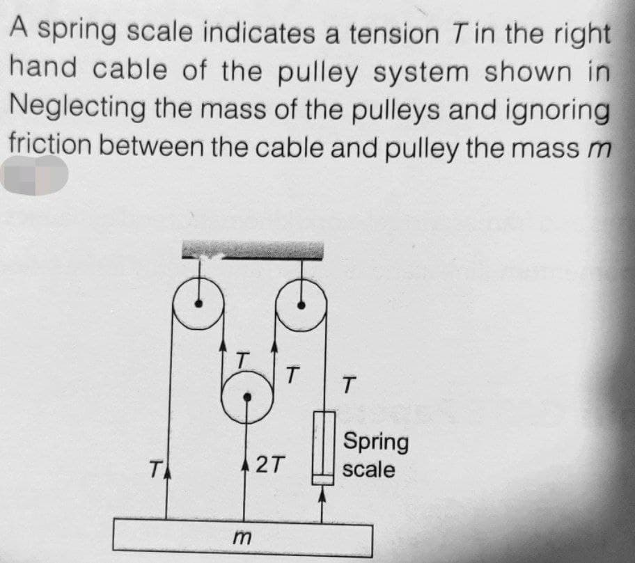 A spring scale indicates a tension T in the right
hand cable of the pulley system shown in
Neglecting the mass of the pulleys and ignoring
friction between the cable and pulley the mass m
T.
T.
Spring
scale
T
A 2T
