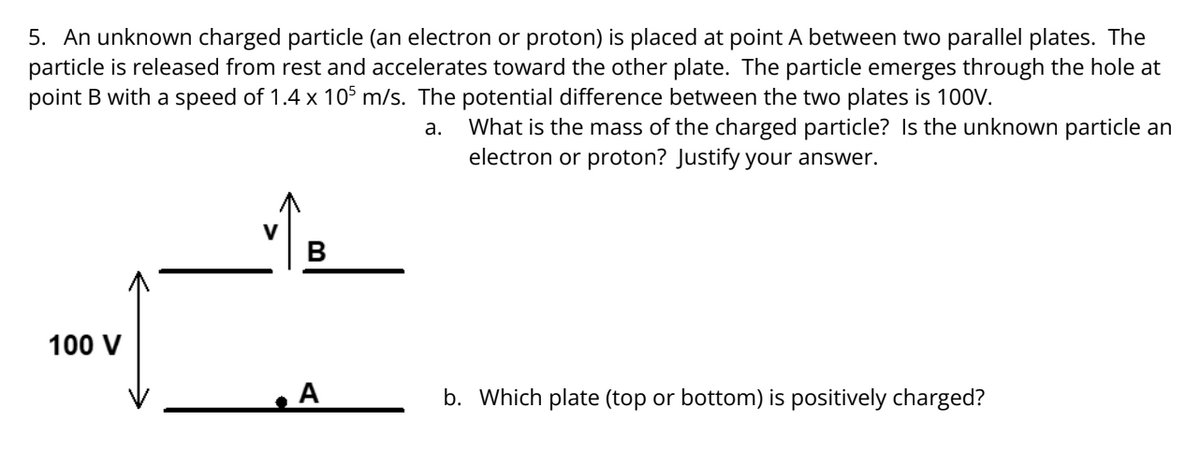 5. An unknown charged particle (an electron or proton) is placed at point A between two parallel plates. The
particle is released from rest and accelerates toward the other plate. The particle emerges through the hole at
point B with a speed of 1.4 x 105 m/s. The potential difference between the two plates is 100V.
a. What is the mass of the charged particle? Is the unknown particle an
electron or proton? Justify your answer.
100 V
A
b. Which plate (top or bottom) is positively charged?