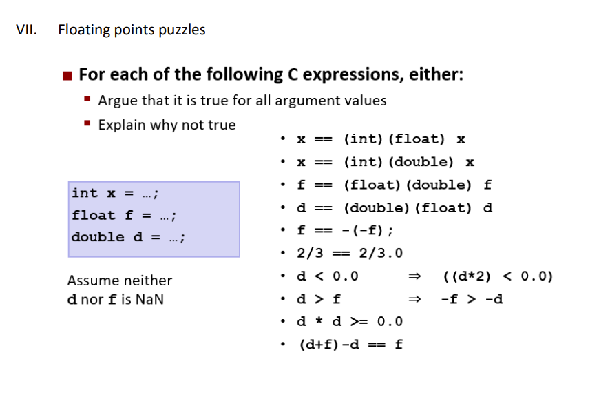 VII.
Floating points puzzles
■ For each of the following C expressions, either:
▪ Argue that it is true for all argument values
▪ Explain why not true
int x = ..;
float f = ...;
double d =
..;
Assume neither
d nor f is NaN
• x == (int) (float) x
(int) (double) x
x ==
• f ==
(float) (double) f
d ==
(double) (float) d
- (-f);
== 2/3.0
.
.
4
==
2/3
d < 0.0
• d > f
dd >= 0.0
(d+f) -d == f
((d*2) < 0.0)
-f> -d