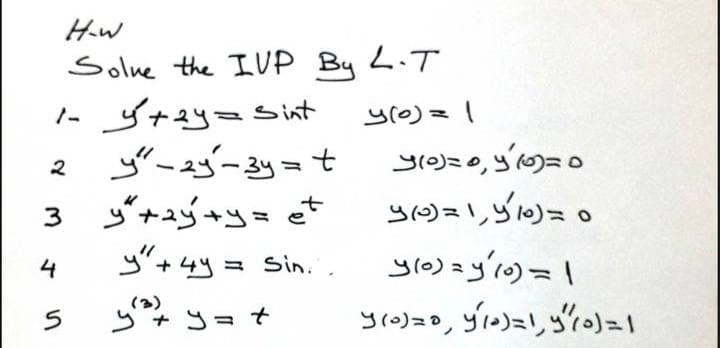 Solne the IUP By L.T
- ゴ+y-S
yu -zy-3y=t
3 ナジ+コ=et
y"+4y = Sin.
2
S()=リS)=。
S() =yの=
3(o)=,S)=リio)=
4
S*コ=t
(3)
+ Y=
