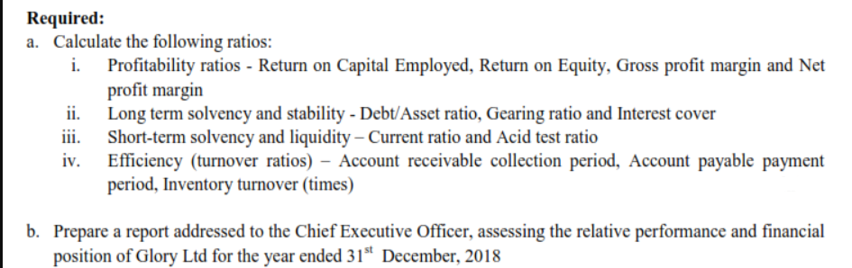 Required:
a. Calculate the following ratios:
Profitability ratios - Return on Capital Employed, Return on Equity, Gross profit margin and Net
profit margin
ii. Long term solvency and stability - Debt/Asset ratio, Gearing ratio and Interest cover
Short-term solvency and liquidity – Current ratio and Acid test ratio
iv.
i.
iii.
Efficiency (turnover ratios) – Account receivable collection period, Account payable payment
period, Inventory turnover (times)
b. Prepare a report addressed to the Chief Executive Officer, assessing the relative performance and financial
position of Glory Ltd for the year ended 31st December, 2018
