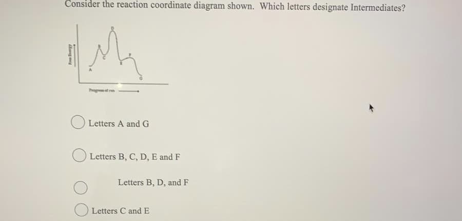 Consider the reaction coordinate diagram shown. Which letters designate Intermediates?
Preptre
Letters A and G
Letters B, C, D, E and F
Letters B, D, and F
Letters C and E
