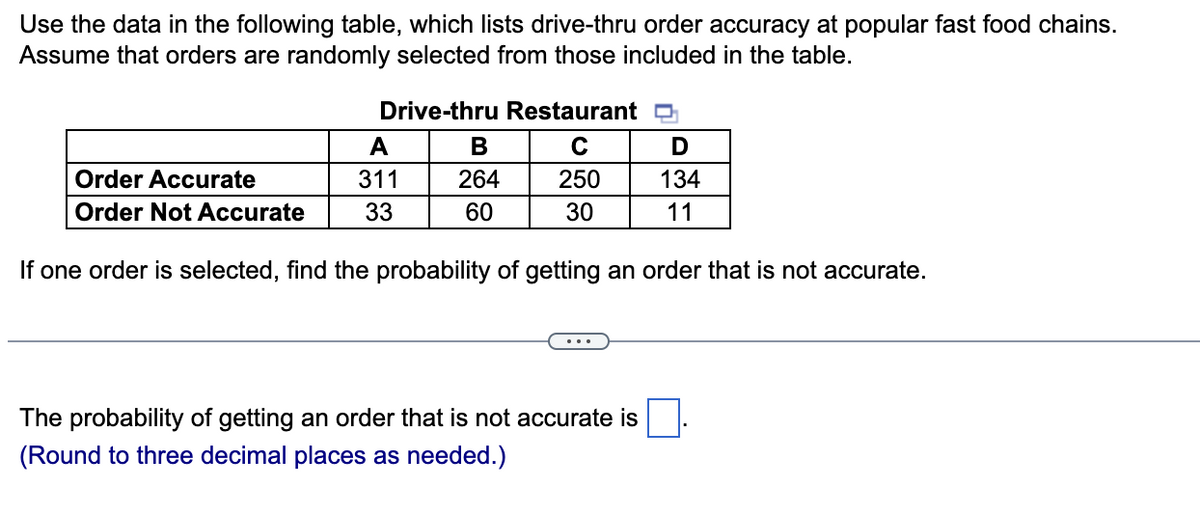 Use the data in the following table, which lists drive-thru order accuracy at popular fast food chains.
Assume that orders are randomly selected from those included in the table.
Drive-thru Restaurant D
A
B
Order Accurate
311
264
250
134
Order Not Accurate
33
60
30
11
If one order is selected, find the probability of getting an order that is not accurate.
The probability of getting an order that is not accurate is
(Round to three decimal places as needed.)
