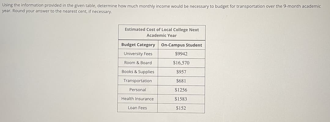 Using the information provided in the given table, determine how much monthly income would be necessary to budget for transportation over the 9-month academic
year. Round your answer to the nearest cent, if necessary.
Estimated Cost of Local College Next
Academic Year
Budget Category
On-Campus Student
University Fees
$9942
Room & Board
$16,570
Books & Supplies
$957
Transportation
$681
Personal
$1256
Health Insurance
$1583
Loan Fees
$152
