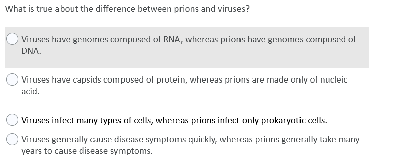 What is true about the difference between prions and viruses?
Viruses have genomes composed of RNA, whereas prions have genomes composed of
DNA.
Viruses have capsids composed of protein, whereas prions are made only of nucleic
acid.
Viruses infect many types of cells, whereas prions infect only prokaryotic cells.
Viruses generally cause disease symptoms quickly, whereas prions generally take many
years to cause disease symptoms.
