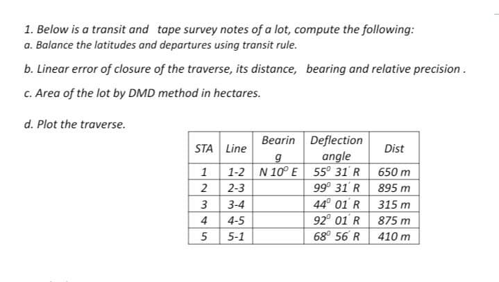 1. Below is a transit and tape survey notes of a lot, compute the following:
a. Balance the latitudes and departures using transit rule.
b. Linear error of closure of the traverse, its distance, bearing and relative precision.
C. Area of the lot by DMD method in hectares.
d. Plot the traverse.
Deflection
angle
1-2 N 10° E 55° 31 R 650 m
99° 31' R 895 m
44° 01 R 315 m
92° 01' R 875 m
68° 56 R
Bearin
STA Line
Dist
1
2
2-3
3
3-4
4
4-5
5
5-1
410 m
