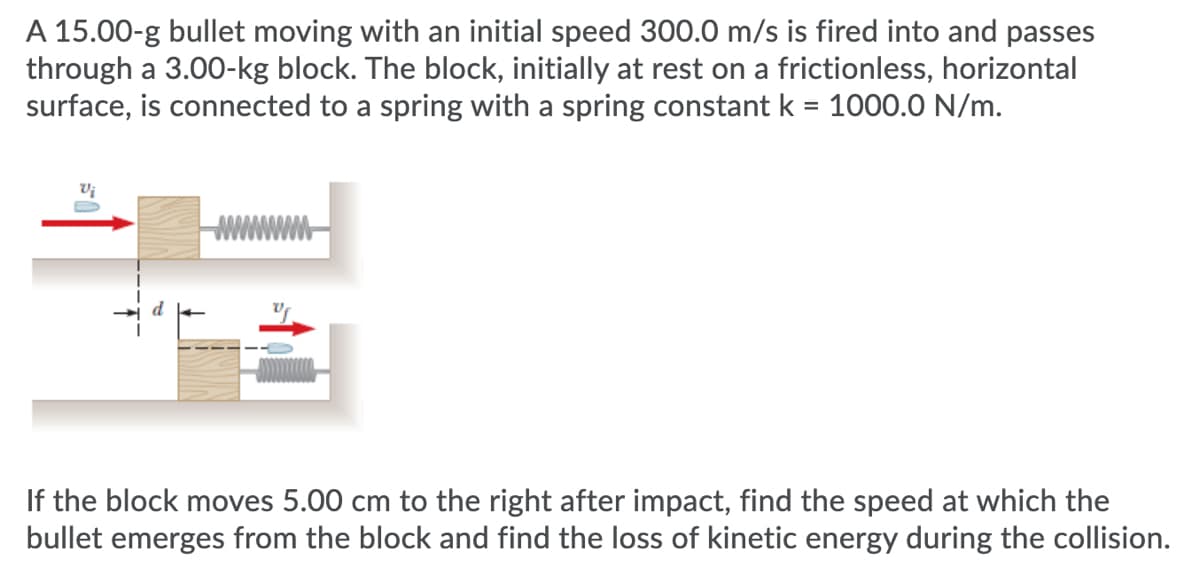A 15.00-g bullet moving with an initial speed 300.0 m/s is fired into and passes
through a 3.00-kg block. The block, initially at rest on a frictionless, horizontal
surface, is connected to a spring with a spring constant k = 1000.0 N/m.
If the block moves 5.00 cm to the right after impact, find the speed at which the
bullet emerges from the block and find the loss of kinetic energy during the collision.
