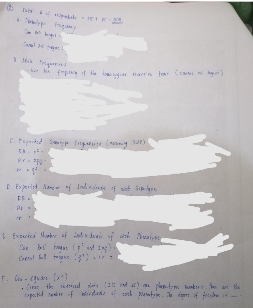 To tal # of rerpondents = 215 + 85 300
A Phenoty pic Frequency
Can Roll fongue =
Cannat Roll tongue =
B. Allele Frequenuits
Use the frequency of the hono zygous recessive tvont (cannat nll tingue)
C. Expected Genaty pe Frequencier (arcuming HWE)
RR p2 =
2 pg
Rr =
D. Expected Numb er of Individuals of each Genotype
PR =
Rr =
E. Expected Number of tndividuals of coch Phonotype
Can Roll tongue (p² and 2pg).
Cannot Rall tongue (q²).
-rr =
F. Chi - square (x)
Since the obscrved data (215 and 85) are
pheno ty pie humber , then use the
expected nunber of individuals of cach phunotype. The dere of fredom is.
