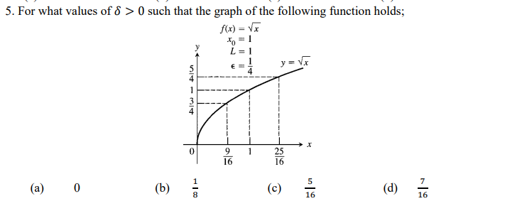 5. For what values of ô > 0 such that the graph of the following function holds;
f(x) = Vx
X, = 1
L = 1
y = V
E =
25
16
16
7
(a)
(b)
(c)
(d) 16
16
