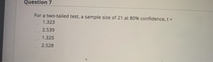 Question 7
For a two-tailed test, a sample size of 21 at 80% confidence, t =
1.323
2.539
1.325
2.528
