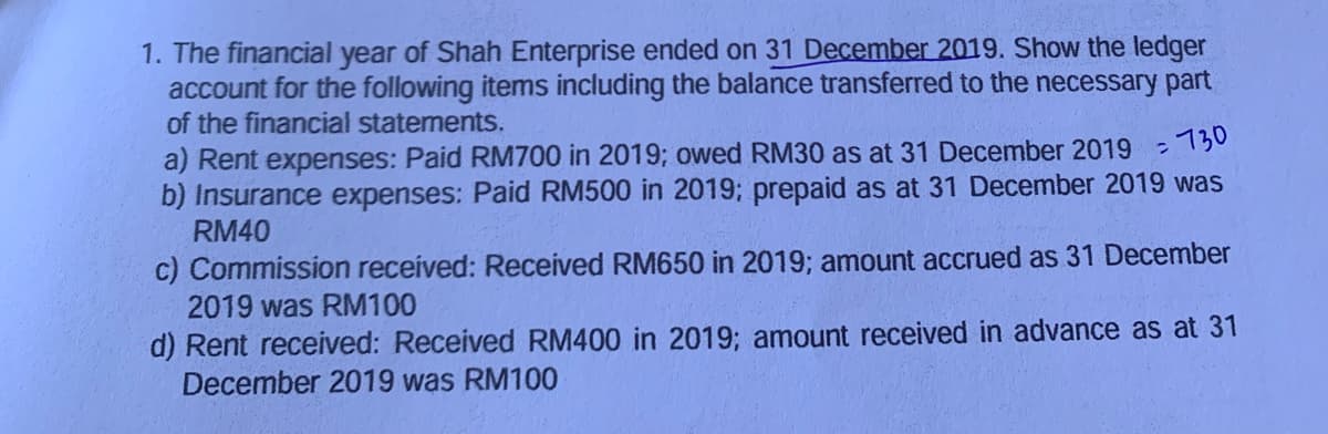 1. The financial year of Shah Enterprise ended on 31 December 2019. Show the ledger
account for the following items including the balance transferred to the necessary part
of the financial statements.
a) Rent expenses: Paid RM700 in 2019; owed RM30 as at 31 December 2019 730
b) Insurance expenses: Paid RM500 in 2019; prepaid as at 31 December 2019 was
RM40
c) Commission received: Received RM650 in 2019; amount accrued as 31 December
2019 was RM100
d) Rent received: Received RM400 in 2019; amount received in advance as at 31
December 2019 was RM100
