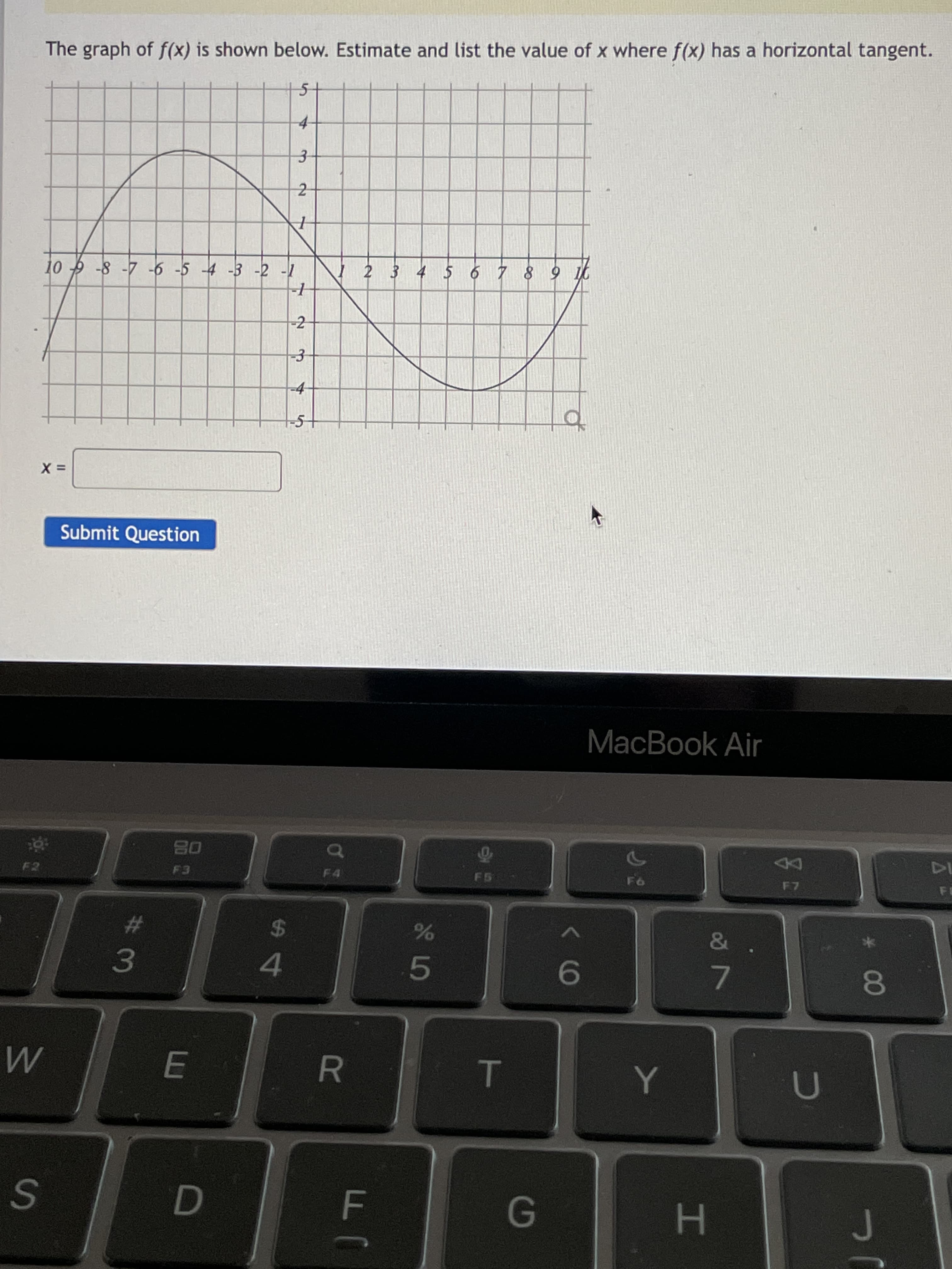 * 00
T
R
3.
EI
# 3
The graph of f(x) is shown below. Estimate and list the value of x where f (x) has a horizontal tangent.
|2 3 4 5 6 7 8 9
-2
-3
Submit Question
MacBook Air
08
F2
F4
F5
24
4
%23
09
7.

