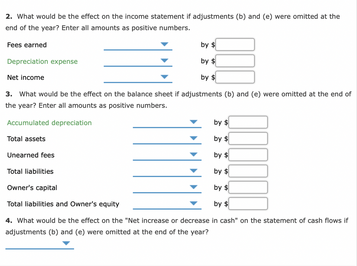 2. What would be the effect on the income statement if adjustments (b) and (e) were omitted at the
end of the year? Enter all amounts as positive numbers.
Fees earned
by $
Depreciation expense
by $
Net income
by $
3. What would be the effect on the balance sheet if adjustments (b) and (e) were omitted at the end of
the year? Enter all amounts as positive numbers.
Accumulated depreciation
by $
Total assets
by $
Unearned fees
by $
Total liabilities
by $
Owner's capital
by $
Total liabilities and Owner's equity
by $
4. What would be the effect on the "Net increase or decrease in cash" on the statement of cash flows if
adjustments (b) and (e) were omitted at the end of the year?
