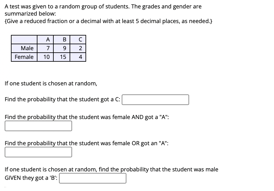 A test was given to a random group of students. The grades and gender are
summarized below:
{Give a reduced fraction or a decimal with at least 5 decimal places, as needed.}
A
В
Male
7
Female
10
15
4
If one student is chosen at random,
Find the probability that the student got a C:
Find the probability that the student was female AND got a "A":
Find the probability that the student was female OR got an "A":
If one student is chosen at random, find the probability that the student was male
GIVEN they got a 'B':
