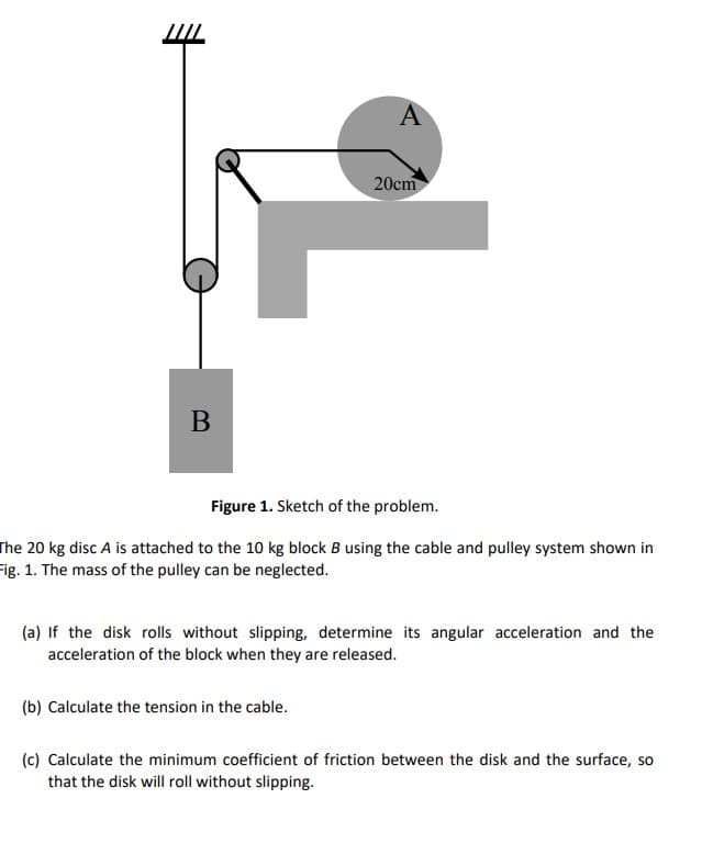 B
A
20cm
Figure 1. Sketch of the problem.
The 20 kg disc A is attached to the 10 kg block B using the cable and pulley system shown in
Fig. 1. The mass of the pulley can be neglected.
(b) Calculate the tension in the cable.
(a) If the disk rolls without slipping, determine its angular acceleration and the
acceleration of the block when they are released.
(c) Calculate the minimum coefficient of friction between the disk and the surface, so
that the disk will roll without slipping.