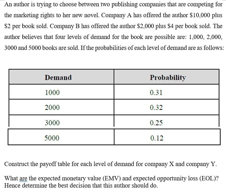 An author is trying to choose between two publishing companies that are competing for
the marketing rights to her new novel. Company A has offered the author $10,000 plus
$2 per book sold. Company B has offered the author $2,000 plus $4 per book sold. The
author believes that four levels of demand for the book are possible are: 1,000, 2,000,
3000 and 5000 books are sold. If the probabilities of each level of demand are as follows:
Demand
Probability
1000
0.31
2000
0.32
3000
0.25
5000
0.12
Construct the payoff table for each level of demand for company X and company Y.
What are the expected monetary value (EMV) and expected opportunity loss (EOL)?
Hence determine the best decision that this author should do.
