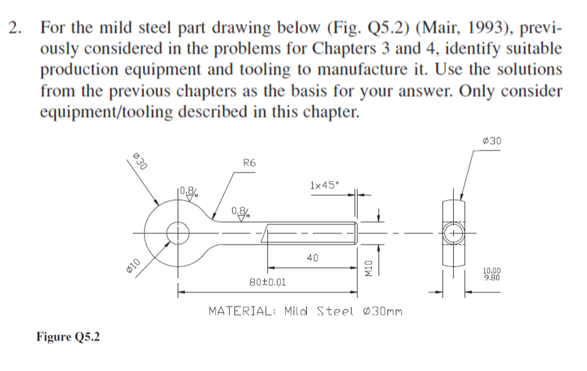 2. For the mild steel part drawing below (Fig. Q5.2) (Mair, 1993), previ-
ously considered in the problems for Chapters 3 and 4, identify suitable
production equipment and tooling to manufacture it. Use the solutions
from the previous chapters as the basis for your answer. Only consider
equipment/tooling described in this chapter.
Ø30
R6
1×45°
|0,8%
0.8
40
10,00
9.80
80士0.01
MATERIAL: Mild Steel Ø30mm
Figure Q5.2
OIW
Ø30
Ø10
